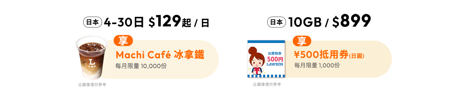 日本 4-30日 $129起 / 日 享Machi Café 冰拿鐵 每月限量 14,000份，日本10GB / $899 享¥500抵用券(日圓)每月限量 1,000份