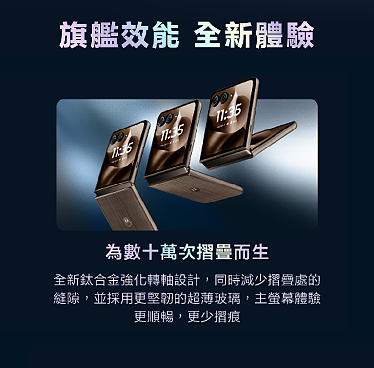 旗艦效能 全新體驗 為數十萬次摺疊而生 全新鈦合金強化轉軸設計,同時減少摺疊處的縫隙,並採用更堅韌的超薄玻璃,主螢幕體驗更順暢,更少摺痕