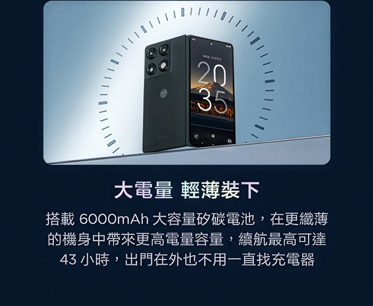 大電量 輕薄裝下 搭載6000mAh大容量矽碳電池，在更纖薄的機身中帶來更高電量容量，續航最高可達43小時，出門在外也不用一直找充電器