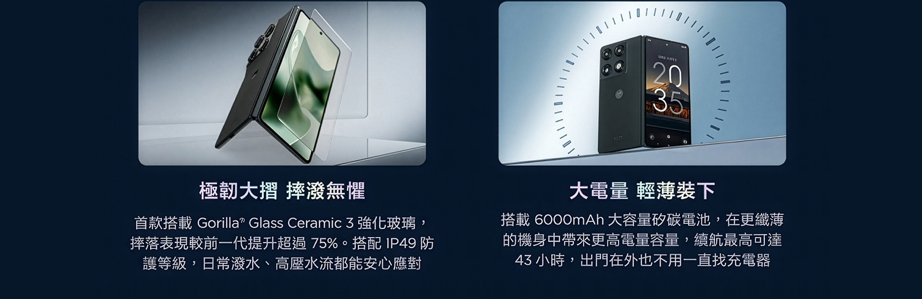 極韌大摺 摔潑無懼 首款搭載Gorilla® Glass Ceramic 3強化玻璃，摔落表現較前一代提升超過75%搭配IP49防護等級，日常潑水、高壓水流都能安心應對 大電量 輕薄裝下 搭載6000mAh大容量矽碳電池，在更纖薄的機身中帶來更高電量容量，續航最高可達43小時，出門在外也不用一直找充電器