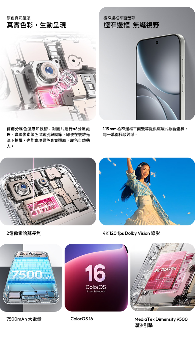 原色真彩鏡頭、極窄邊框平面螢幕、2億像素哈蘇長焦、4K 120 fps Dolby Vision錄影、7500mAh大電量、潮汐引擊