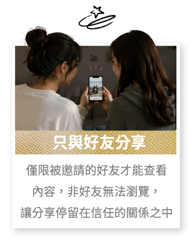 只與好友分享 僅限被邀請的好友才能查看 內容，非好友無法瀏覽，讓分享停留在信任的關係之中