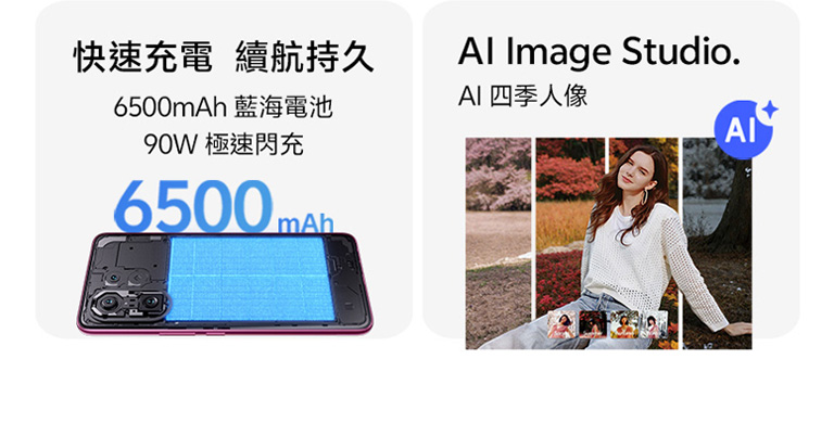 快速充電 續航持久 6500mAh藍海電池 90W極速閃充 AI Image Studio. AI四季人像