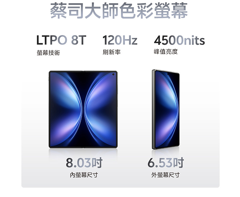 蔡司大師色彩螢幕 LTPO 8T 螢幕技術 120Hz 刷新率 4500nits 峰值亮度 8.03吋 內螢幕尺寸 6.53吋 外螢幕尺寸