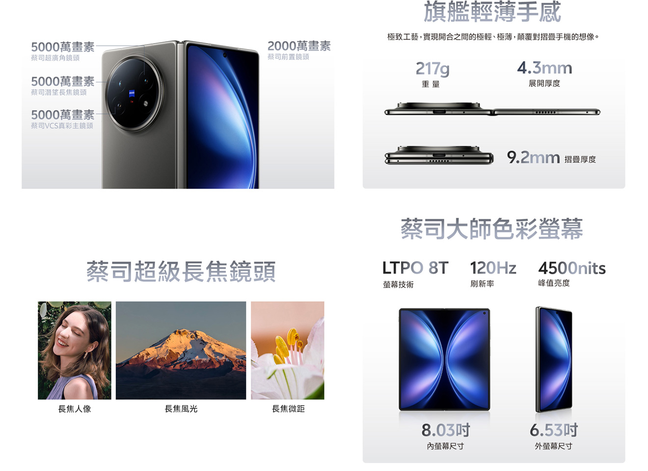 5000萬畫素 蔡司超廣角鏡頭 5000萬畫素 蔡司潛望長焦鏡頭 5000萬畫素 蔡司VCS真彩主鏡頭 2000萬畫素 蔡司前置鏡頭 蔡司超級長焦鏡頭 長焦人像 長焦風光 長焦微距 旗艦輕薄手感 極致工藝,實現開合之間的極輕、極薄,顛覆對摺疊手機的想像 217g 重量 4.3mm 展開厚度 9.2mm 摺疊厚度 蔡司大師色彩螢幕 LTPO 8T 螢幕技術 120Hz 刷新率 4500nits 峰值亮度 8.03吋 內螢幕尺寸 6.53吋 外螢幕尺寸